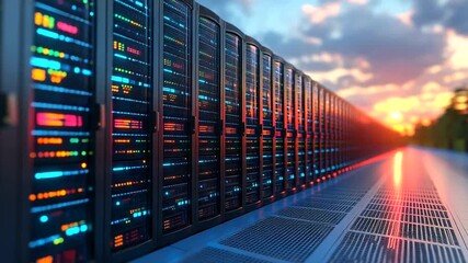 Futuristic server room with vibrant sunset backdrop showcasing powerful data processing - Powered by Adobe