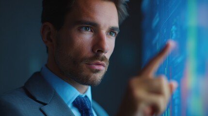Tech Visionary: A focused professional in a modern setting, with a close-up of a businessman in a suit, pointing and studying advanced technology on a bright digital screen.