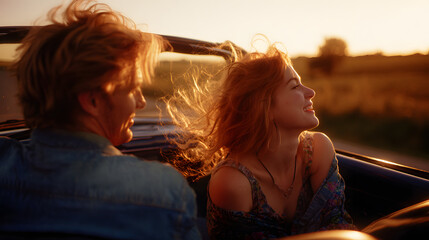 Romantic couple enjoying a vintage convertible ride with wind-blown hair during golden hour.