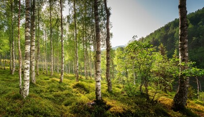 Obraz premium dense forest with tall birch trees and lush greenery in norway displaying natural beauty