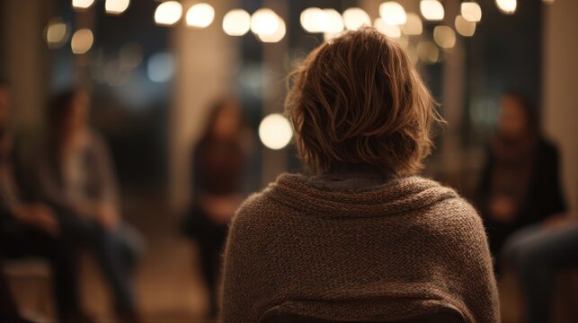 Warm medium shot highlighting an empathetic listener in a mental health talking circle the surrounding participants softly out of focus under cozy evening lighting.