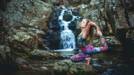 Fototapeta premium Woman in yoga pose by a waterfall.