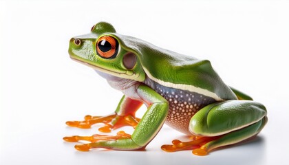 Obraz premium detailed macro of a tree frog showing webbed toes and vibrant greens on white background
