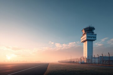 Obraz premium Modern airport control tower at sunrise with a clear runway and distant city skyline