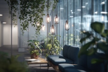 Modern office lounge with cozy seating, hanging plants, and ambient lighting, fostering relaxation