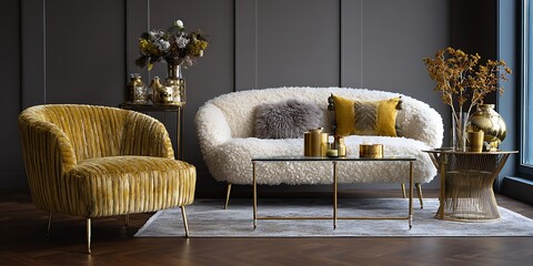 A luxurious living room interior featuring a plush sofa, stylish armchair, and golden decorative elements for an elegant and modern home