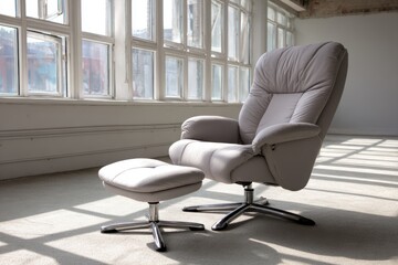 Modern recliner chair with matching ottoman in a bright, spacious room with large windows