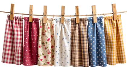  “Rustic Clothesline with Mixed Fabrics and Wooden Clothespins, PNG Cutout”.