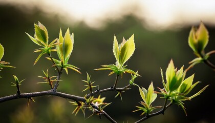 spiny branches of a shrub with new leaves opening