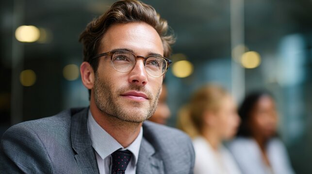 Visionary Leader Contemplating in Office: A focused individual in professional attire gazes thoughtfully, suggesting strategic thinking and leadership within a modern corporate environment.