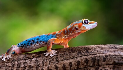Obraz premium with a blurred green background this close up shows a brightly colored gecko with orange and blue markings sitting on a piece of wood in a natural environment generative ai
