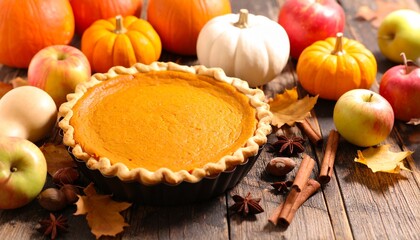 Fototapeta premium pumpkin pie with autumn leaves and apples