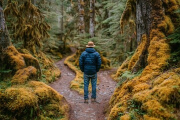 Obraz premium Man Hiking on a Lush Moss Covered Forest Trail