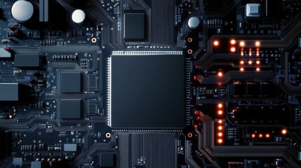 Fototapeta premium Black Circuit Board with Microchip and LED Lights in Dark Setting