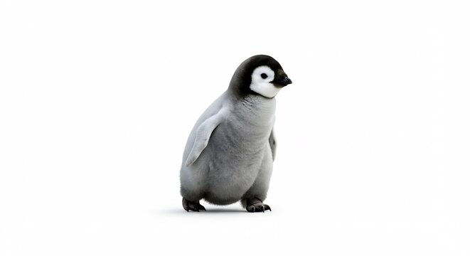 Adorable fluffy penguin chick stands against bright white background. AI Generated