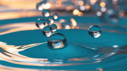 Captivating water droplets creating ripples on a tranquil turquoise surface