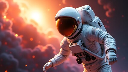 An astronaut floating in a fiery sky wearing a white spacesuit with an orange tinted helmet visor