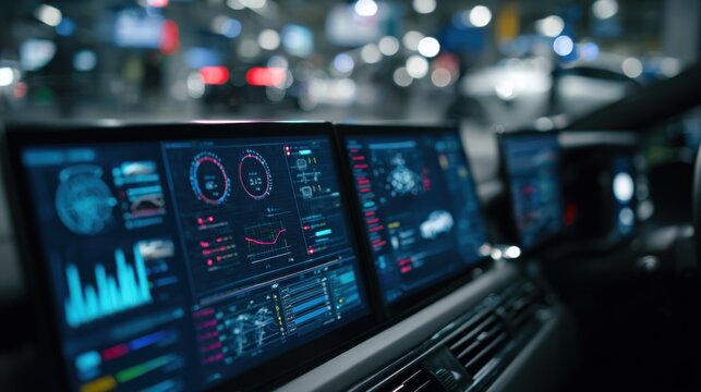 Medium shot of a futuristic control center screen featuring live OTA software deployment logs with outoffocus operators monitoring the autonomous vehicle network in the background.