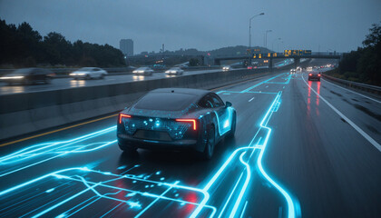 Driver less autopilot vehicle with lidar technology artificial intelligence highway travel transportation
