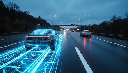 Driver less autopilot vehicle with lidar technology artificial intelligence highway travel transportation
