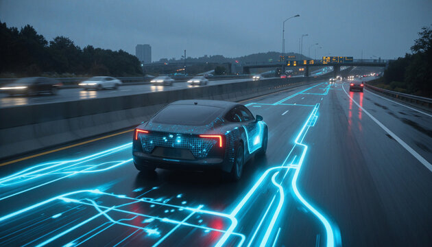 Driver less autopilot vehicle with lidar technology artificial intelligence highway travel transportation
