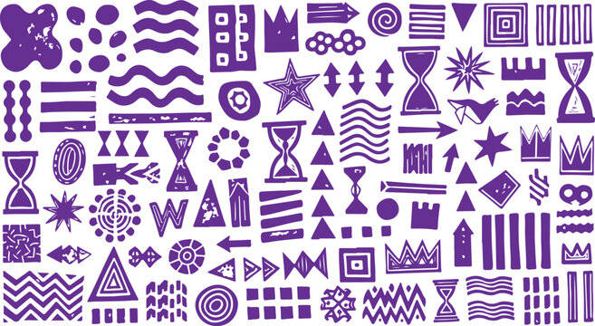 Collection of abstract purple tribal patterns and symbols isolated on transparent background