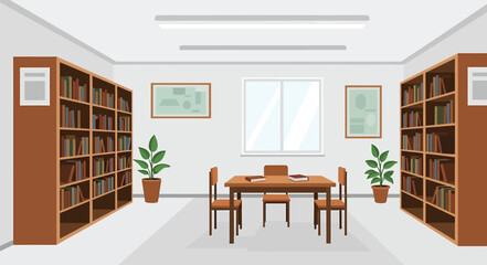 A brightly lit library interior with bookshelves, a table, chairs, and potted plants.