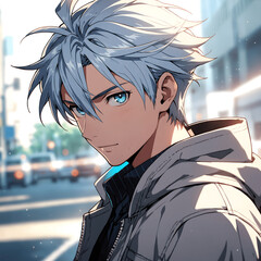 A striking portrait of a young anime-style man with silver hair and bright blue eyes on a bustling city street