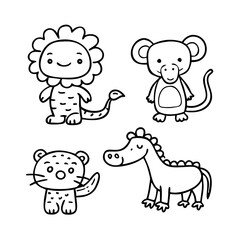 Obraz premium A set of doodle line icons featuring cute jungle and safari animals like lion, elephant, monkey, crocodile, snake, and giraffe 