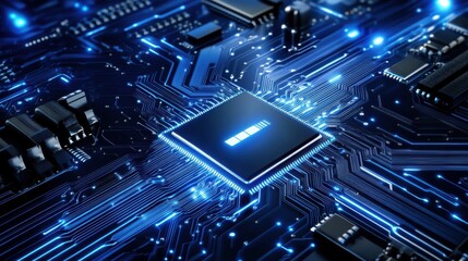 High-Tech Circuit Board with Microchip and Glowing LED Lights