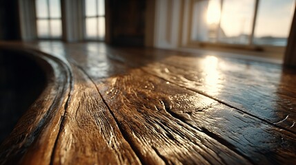 Gleaming Sunlight on a Curved, Weathered Wooden Ledge at Golden Hour