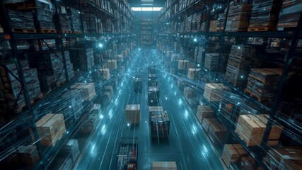 A futuristic warehouse filled with stacked boxes and pallets, illuminated by glowing blue lights, showcasing advanced logistics technology - Powered by Adobe