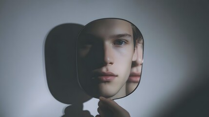 Young man's face reflected in oval mirror showing split personality commercial