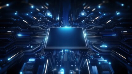 Futuristic Circuit Board with Glowing Blue Elements and Processor
