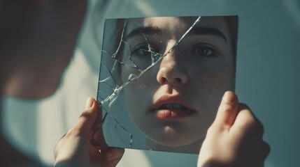 Young woman's reflection in a shattered handheld mirror with fractured glass