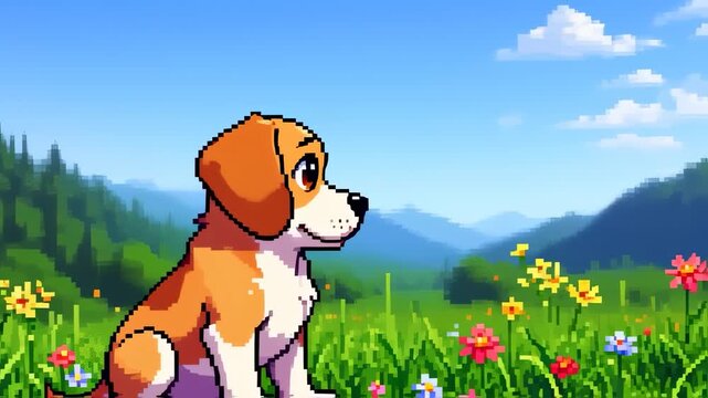 Beagle puppy in meadow cute illustration
