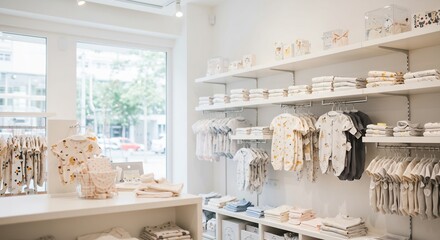 Soft natural light illuminates neatly arranged baby clothes in a bright airy shop. AI Generated