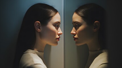 Woman looking at her own reflection with soft lighting commercial Mirror