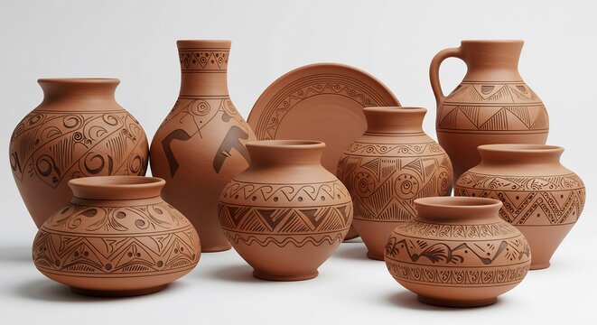 Handcrafted terracotta pottery displays intricate etched designs soft light enhances earthy tones. AI Generated