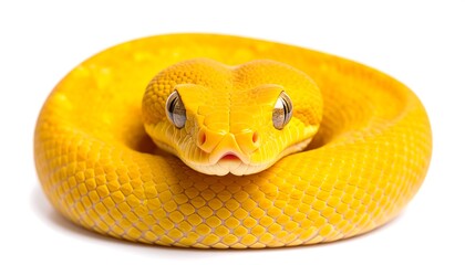 Captivating gold serpent coiled and staring intensely on pristine backdrop studio shot