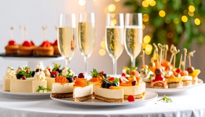 Celebration with delightful cakes, canap?s and sparkling champagne for a festive gathering