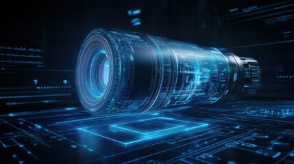Futuristic Camera Lens with Digital Displays and Circuit Patterns