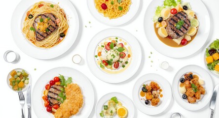 Variety of Gourmet Dishes on White Background