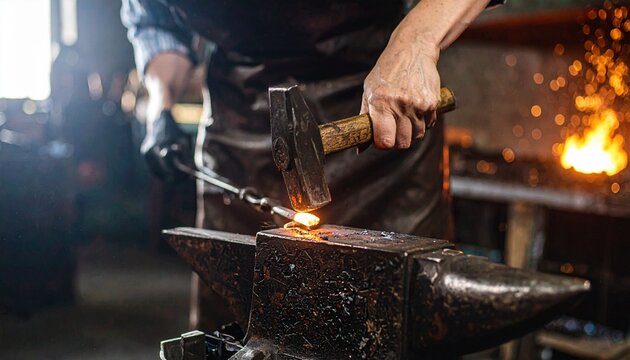 Blacksmith hammering hot metal on an anvil, sparks flying, wearing a leather apron in a workshop setting with a fiery background.