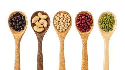 Five Spoons of Deliciousness Beans Nuts and Grains Isolated On Transparent Background