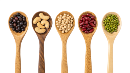 Five Spoons of Deliciousness Beans Nuts and Grains Isolated On Transparent Background