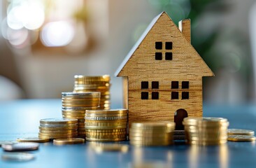 A scene featuring a wooden house model and a stack of coins, suitable for real estate agency promotional posters, mortgage product brochures, wealth management training materials, etc.