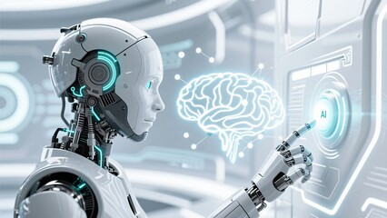 Advanced humanoid robot background illustration interacting with virtual brain technology display