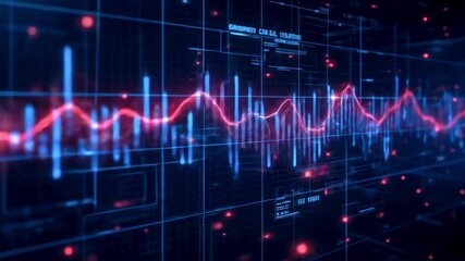 Abstract digital waveform visualization with glowing lines and data points against a dark background - Powered by Adobe