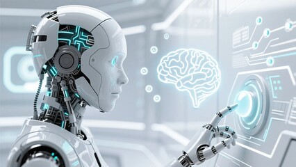 Digital brain analysis backdrop featuring futuristic android and AI-powered touchscreen interface